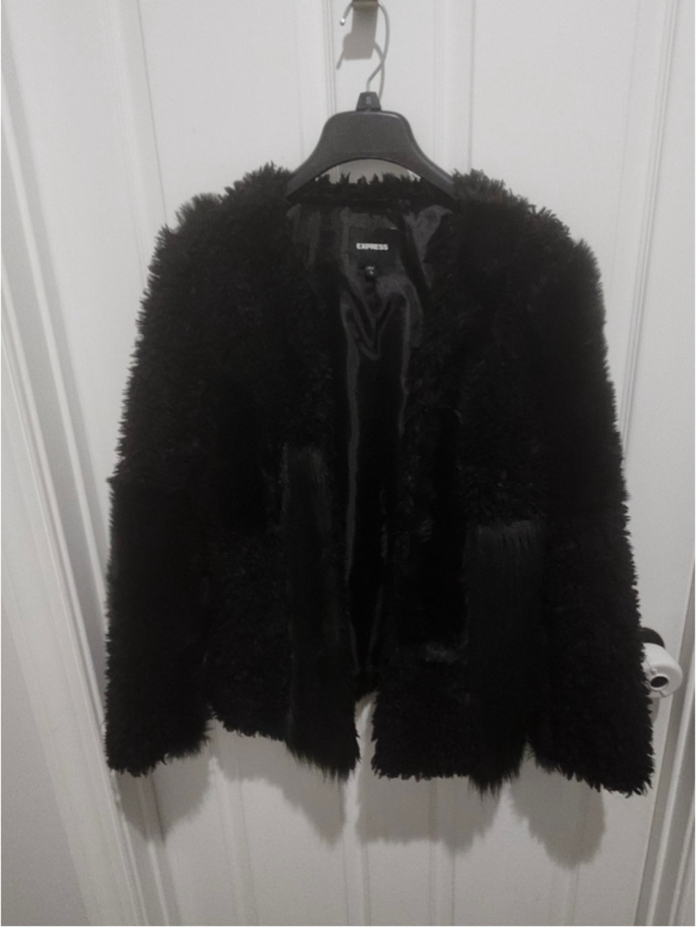 Express Textured Patchwork Black Faux Fur Shaggy Jacket in Small